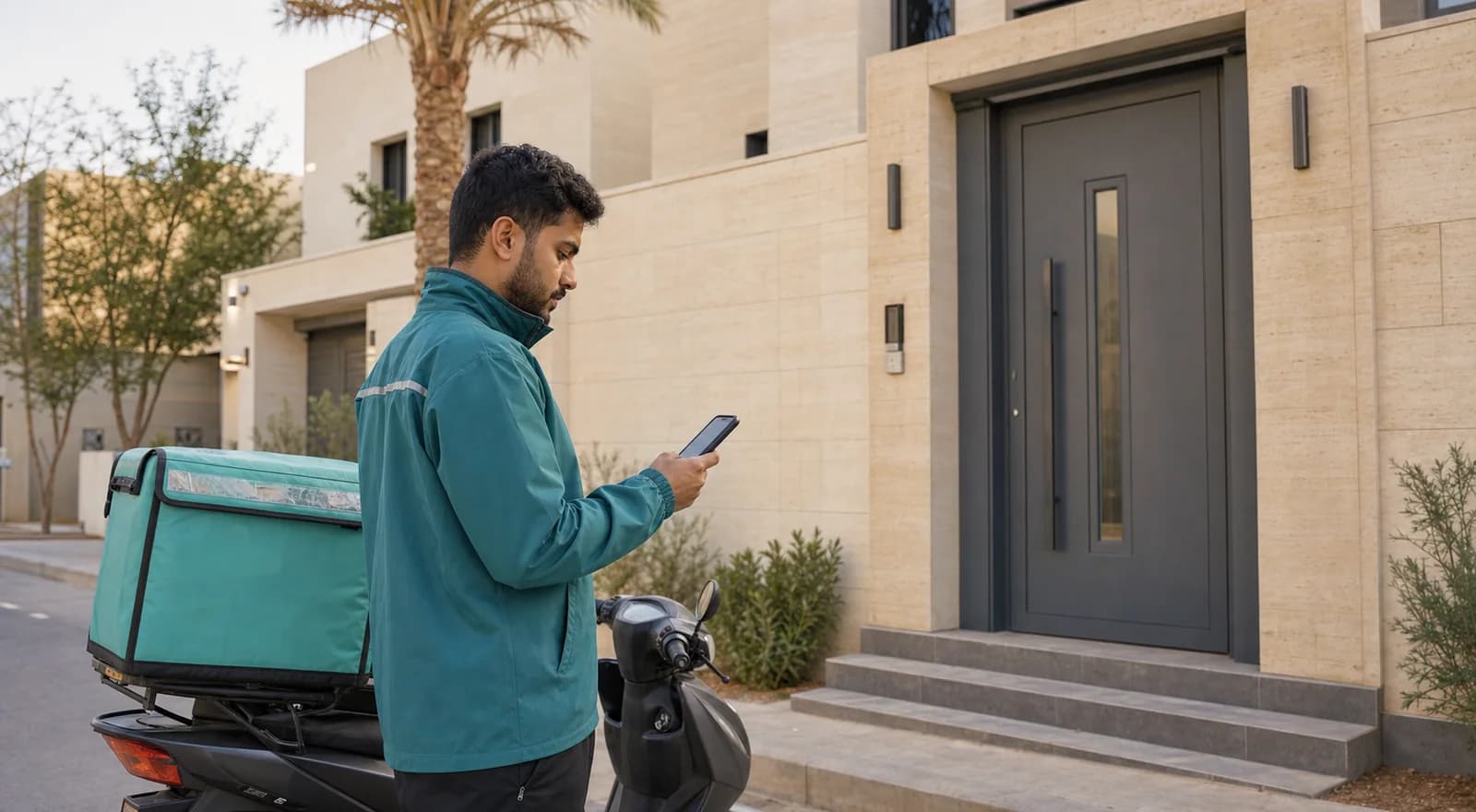 مندوب توصيل يتأكد من مدخل المنزل عبر هاتفه